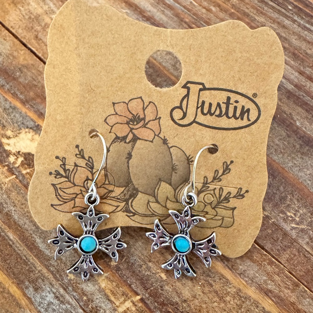 Silver tone Justin Boots Western Turquoise Cross Earrings with hook back NEW